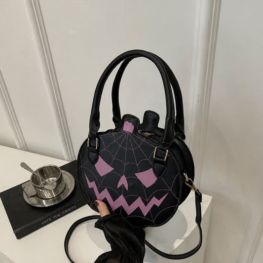 Halloween Pumpkin Face Black and Purple Round Handbag with Strap