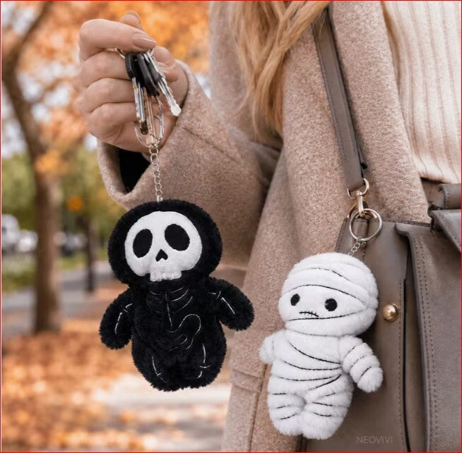 2pcs Halloween Plush Keychain Set - Skeleton & Mummy Soft Plush Keyrings