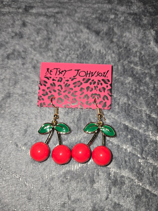 Betsey Johnson Cherry Drop Earrings with Green Leaves