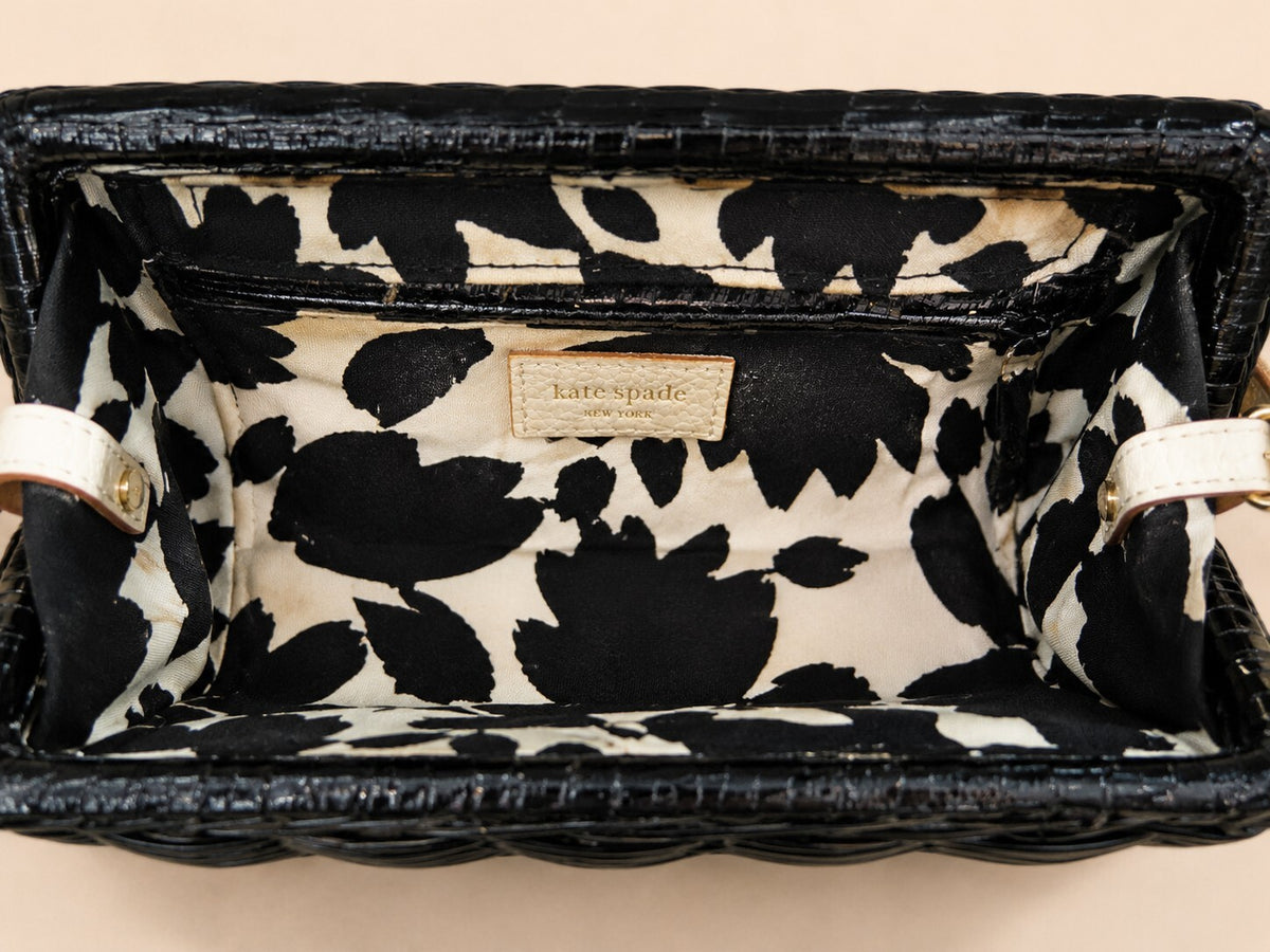 Vintage Kate Spade Black Wicker Cherbourg Leather Roll Clutch Bag READ All Rare