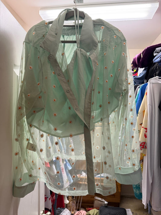 Sheer Mint Green Floral Embroidered Blouse and high waisted shirts