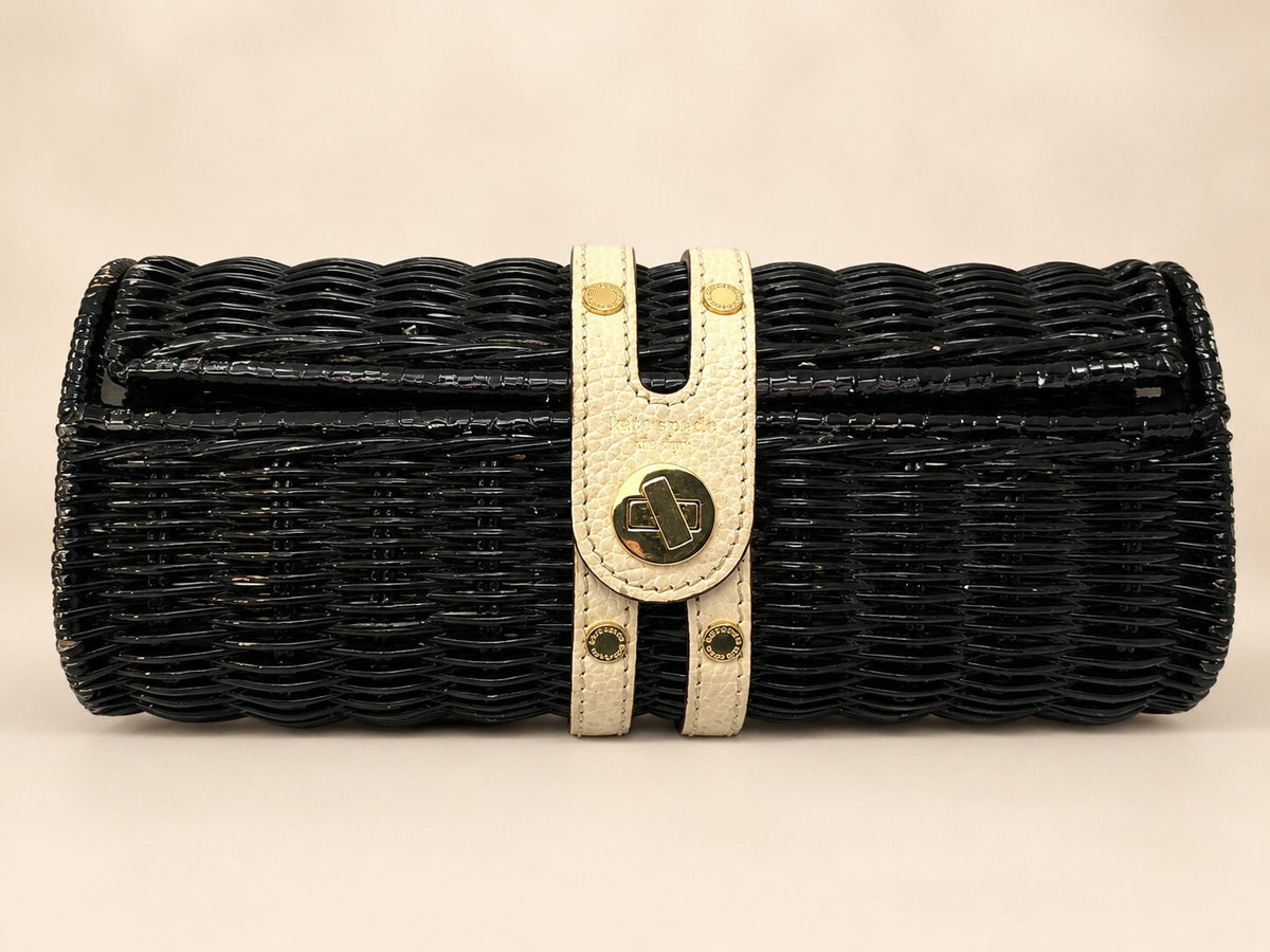 Vintage Kate Spade Black Wicker Cherbourg Leather Roll Clutch Bag READ All Rare