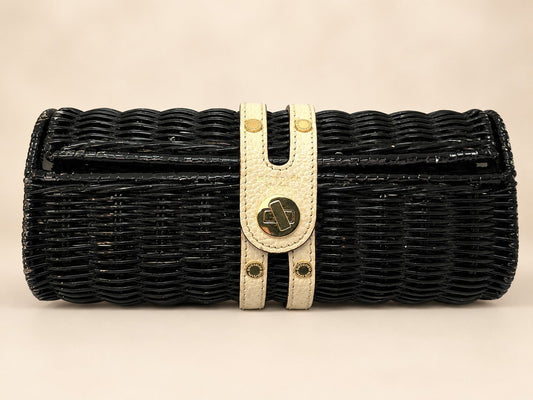 Vintage Kate Spade Black Wicker Cherbourg Leather Roll Clutch Bag READ All Rare