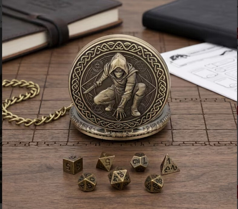 Antique Bronze Pocket Watch with Hidden Dice Set for RPG Games-No actual watch