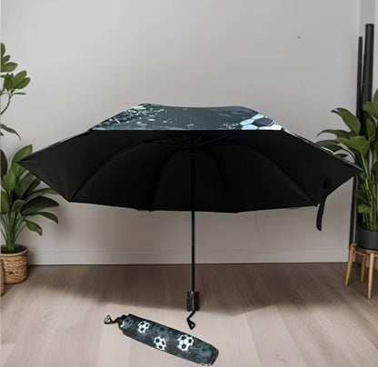 Soccer Ball Print Compact Folding Umbrella Windproof Lightweight Travel Rain UV