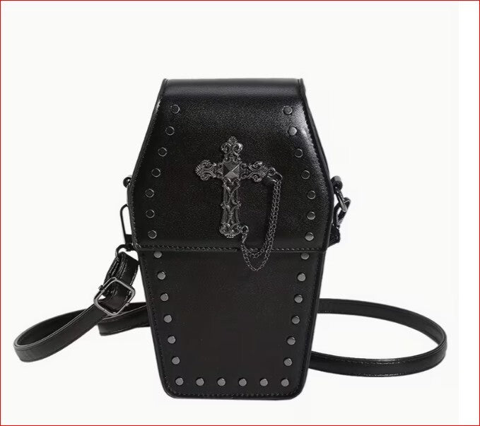Black Gothic Coffin Cross Studded Shoulder Bag