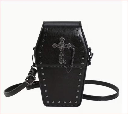Black Gothic Coffin Cross Studded Shoulder Bag