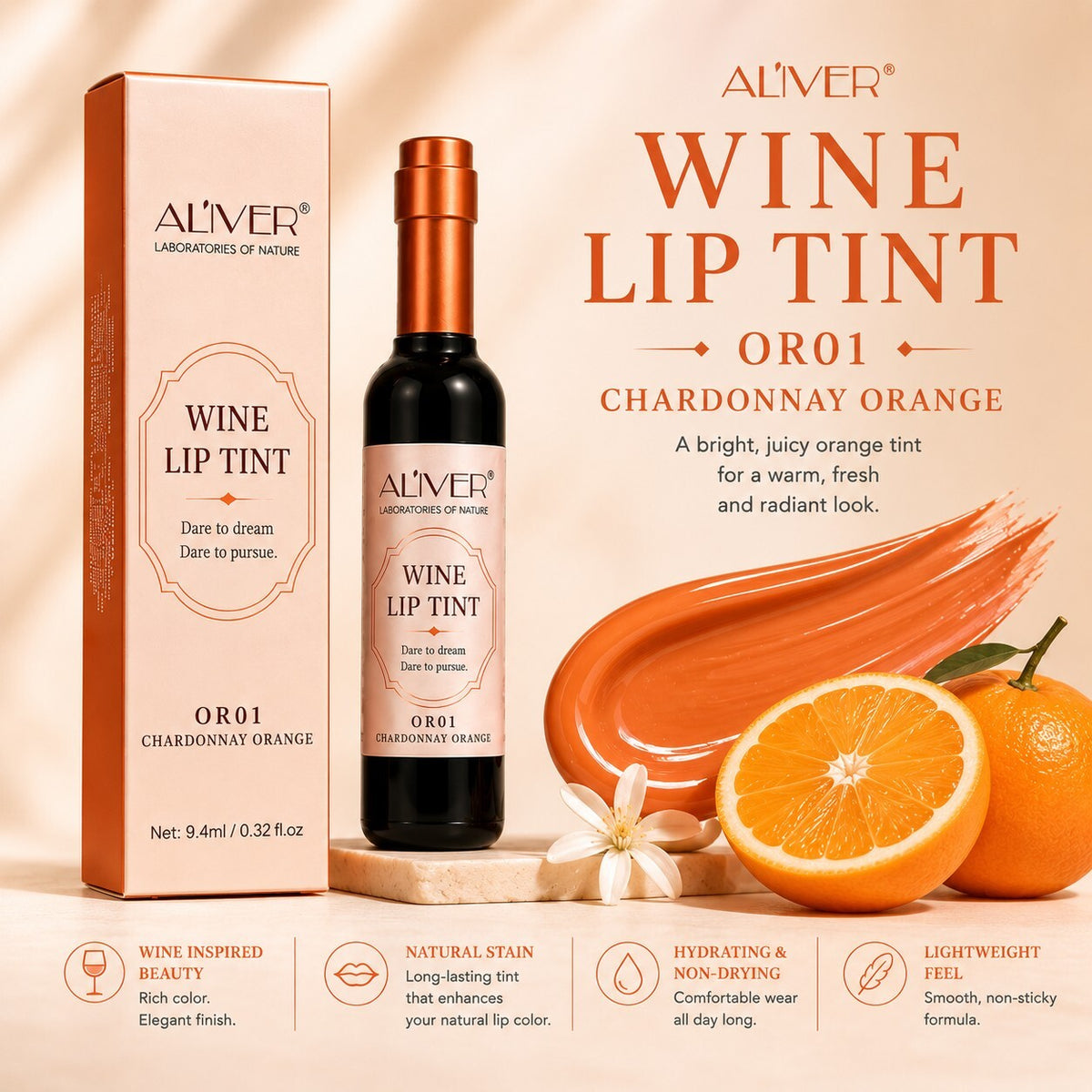 ALIVER Wine Lip Tint - Peach Orange OR01 - Long Lasting Glossy Lip Stain