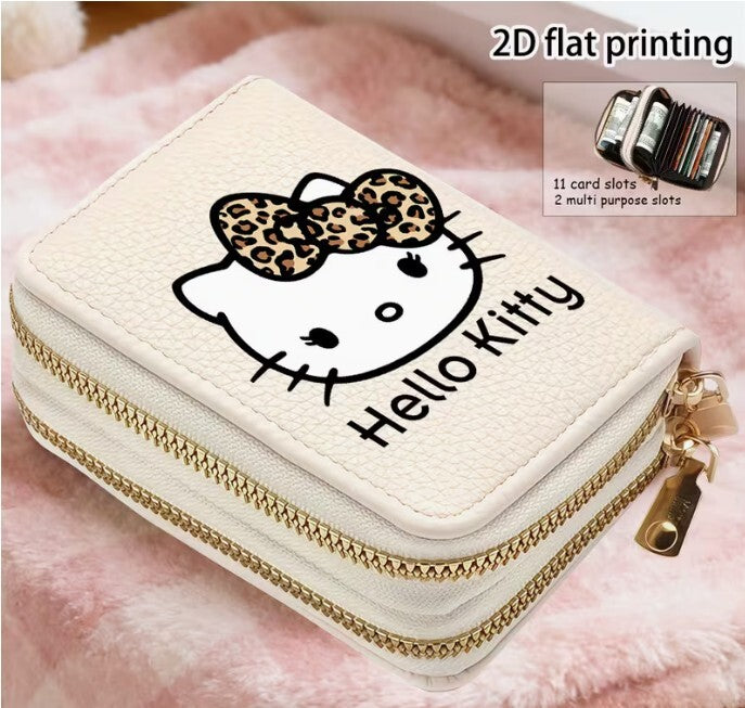 Hello Kitty Leopard Bow Print Wallet with Double Zipper and Multiple Card Slots