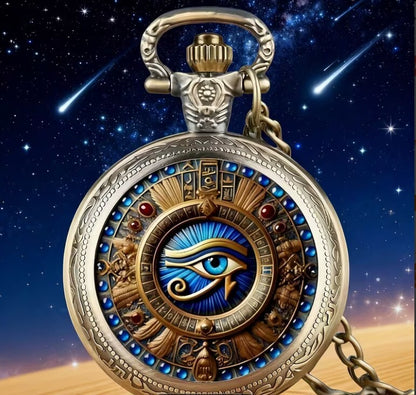 Vintage Style Pocket Watch with Egyptian Eye Design and Chain Eye of Horus