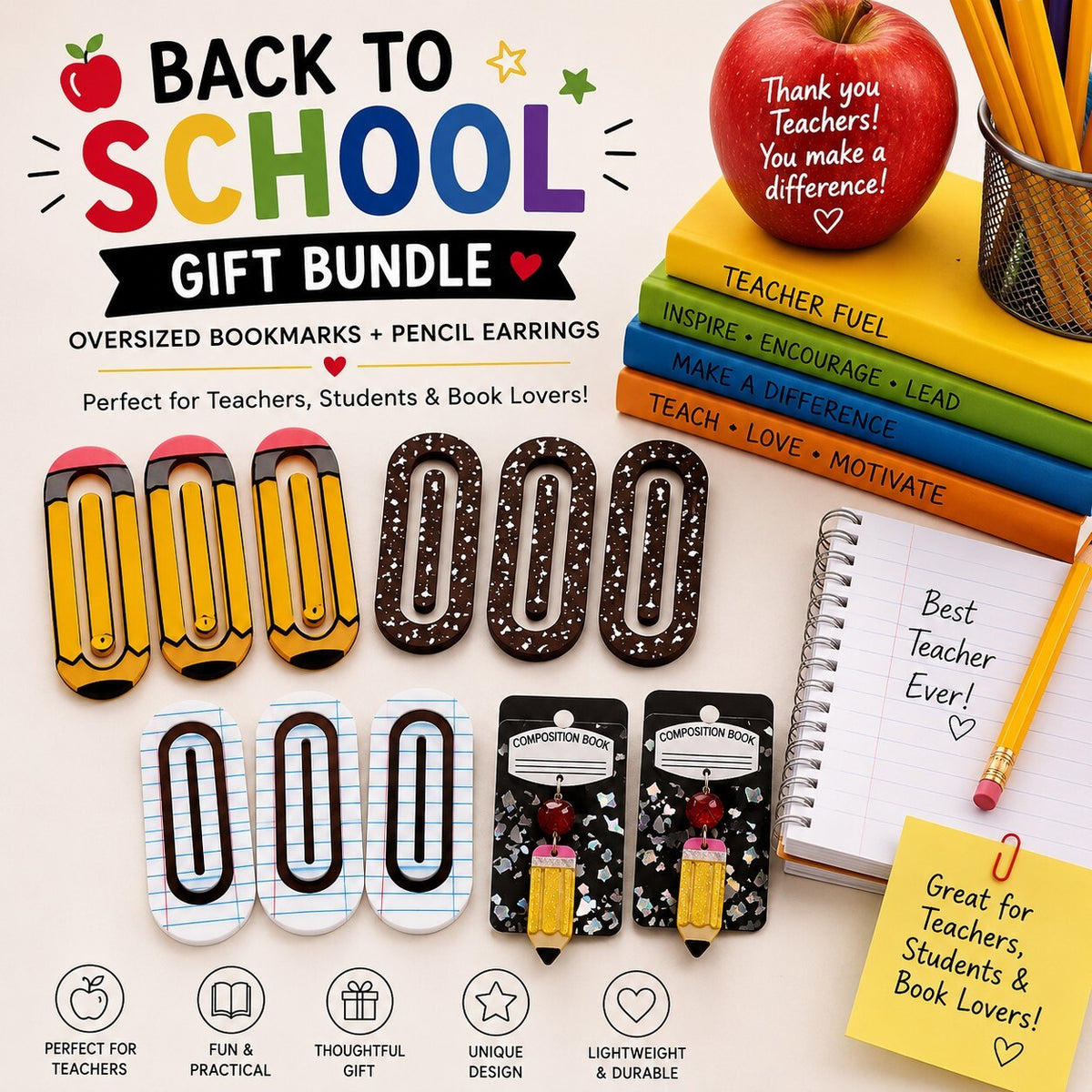 Back to School Teacher Gift Bundle Composition Book Earrings & Paperclips New