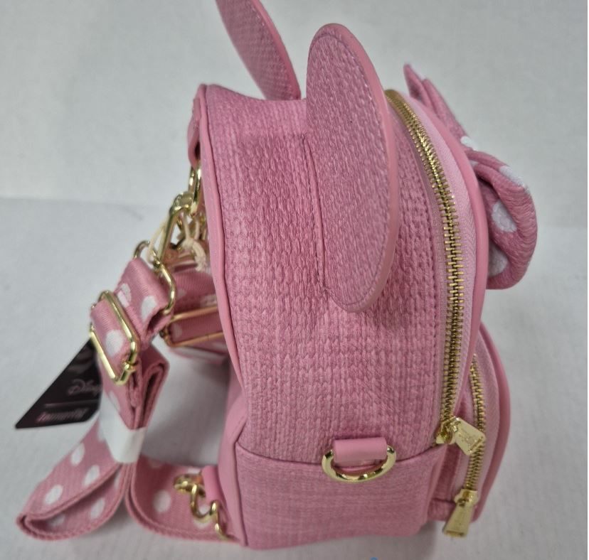 Loungefly Disney Minnie Mouse Pink Polka Dot Bow Woven Straw Mini Backpack NWT