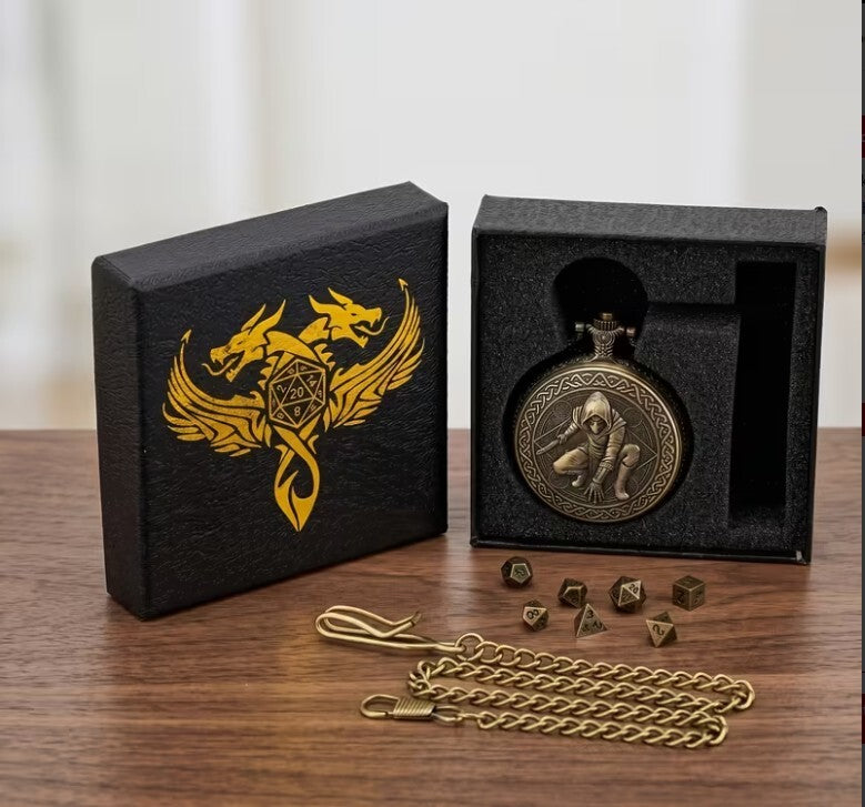 Antique Bronze Pocket Watch with Hidden Dice Set for RPG Games-No actual watch