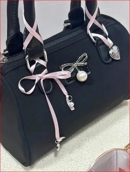 Chic Black Mini Barrel Bag with Pink Ribbon and Pearl Charm NWOT
