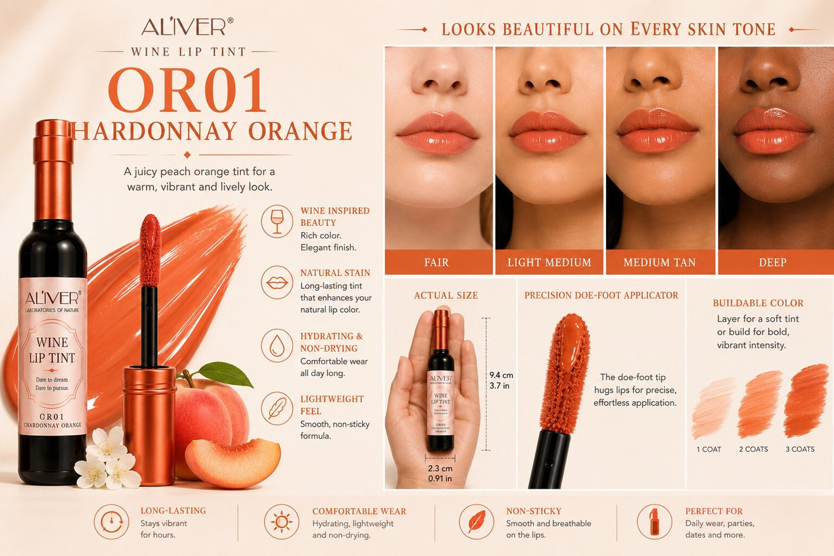 ALIVER Wine Lip Tint - Peach Orange OR01 - Long Lasting Glossy Lip Stain