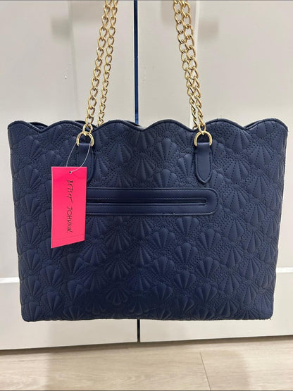 Betsey Johnson Navy Blue Quilted Shell "XOTOTE" Shoulder Bag w Scarf (NWT)