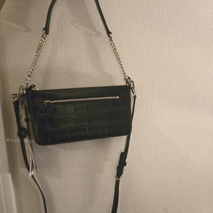 DKNY Black Croc Embossed Leather Crossbody Chain Strap NWT