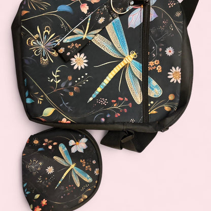 Stylish Black Dragonfly & Floral Print Crossbody Bag with Matching Keychain and