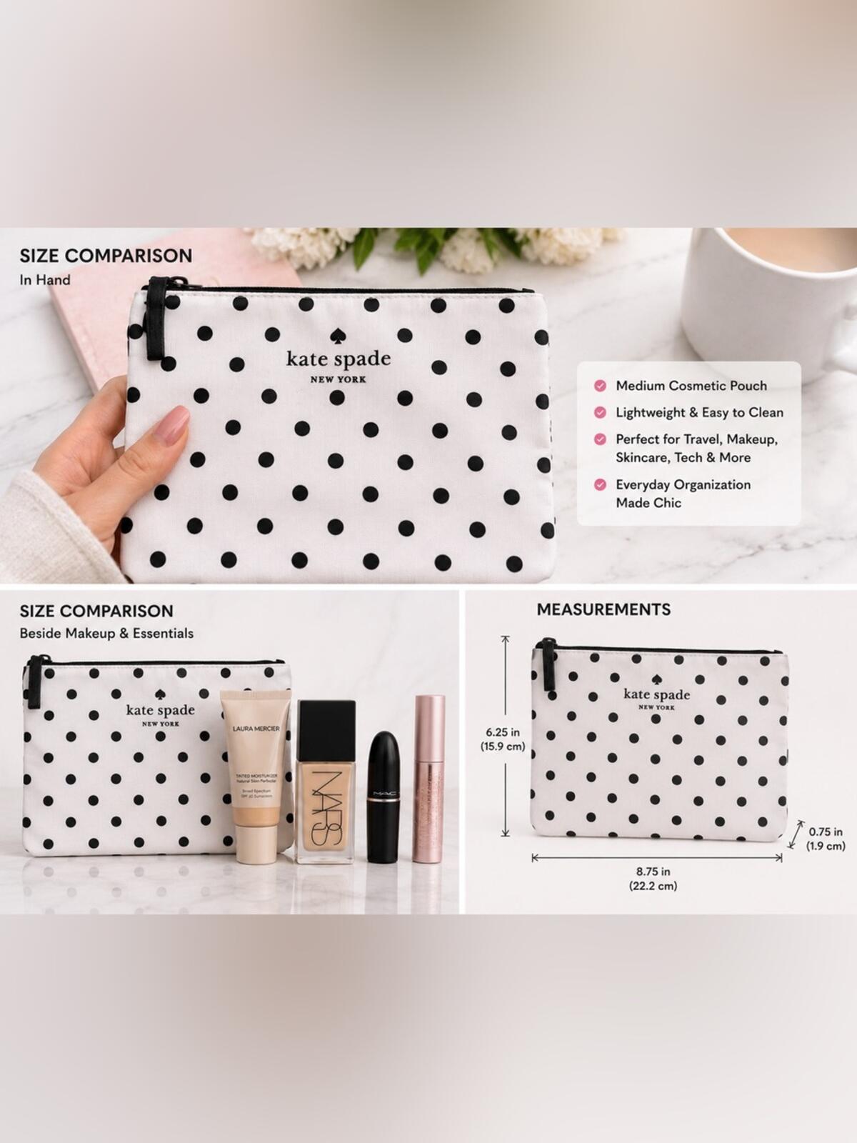 Kate Spade New York Haven Lane Berrie Black Polka Dot Cosmetic Pouch NWOT
