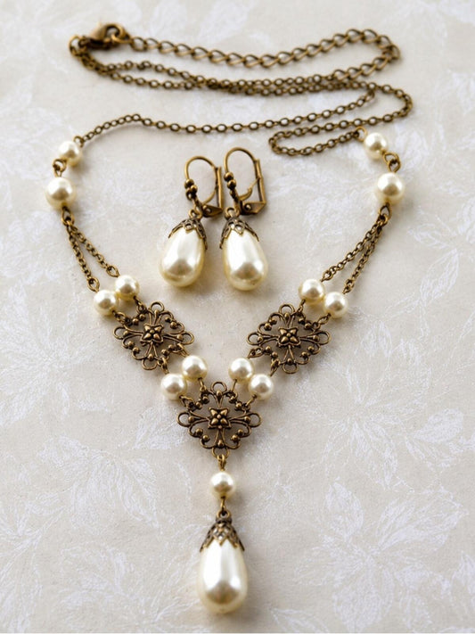 Vintage Victorian Pearl Necklace & Earrings Set • Antique Bronze Filigree