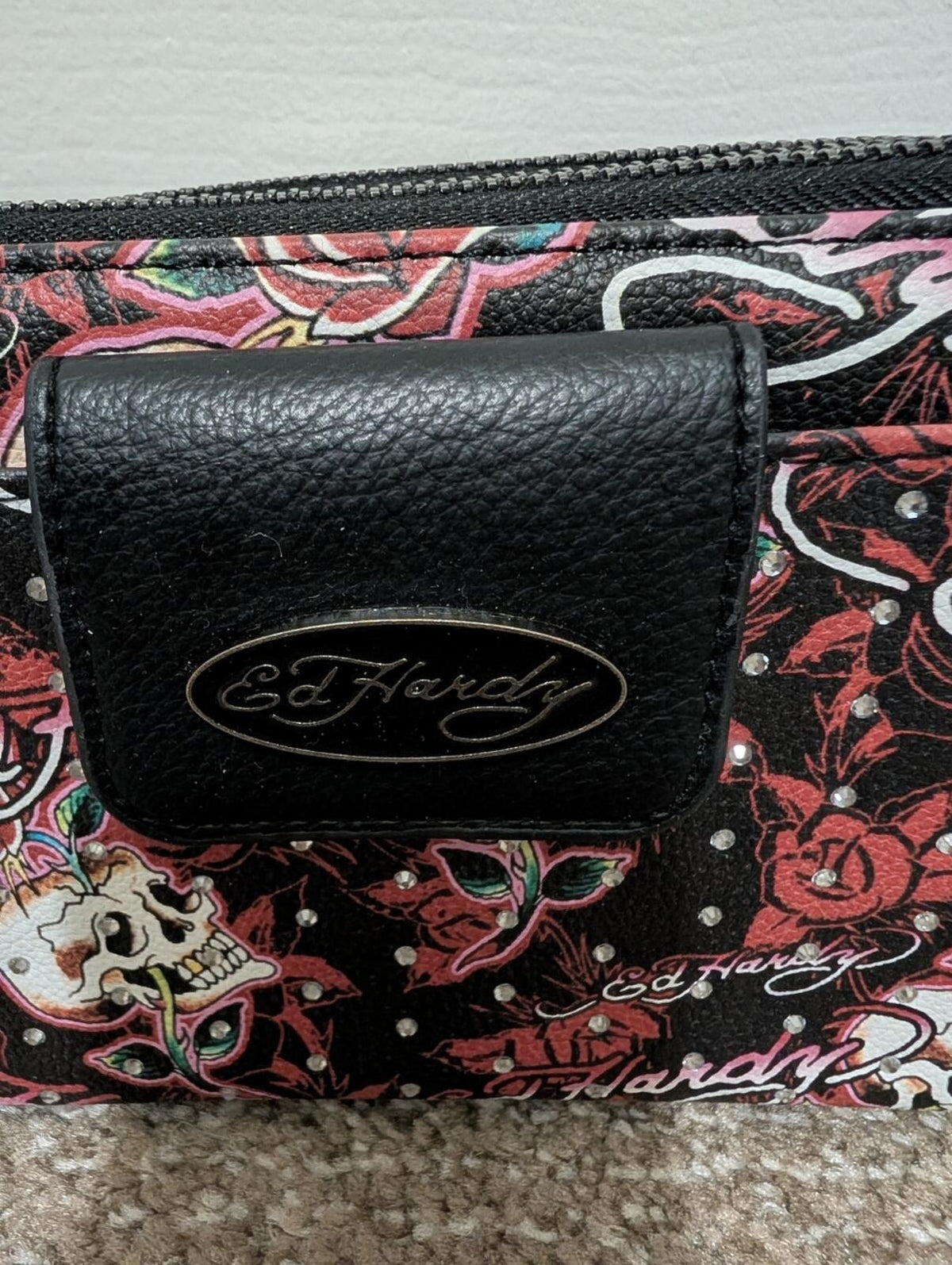 NWT Ed Hardy Black Wallet with Red Floral & Skull Print