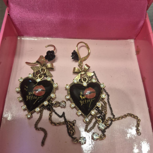 Betsey Johnson Black and Gold Heart Earrings with Chains and Bow Accent