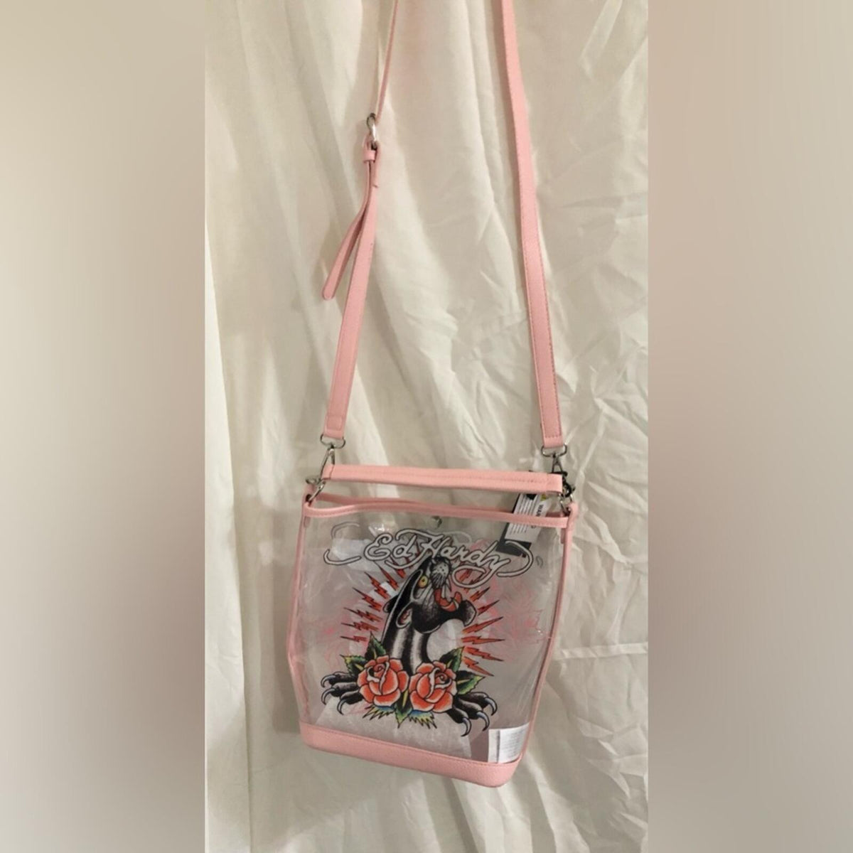 Ed Hardy Clear PVC Bucket Bag Panther Roses NWT