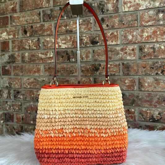 Michael Kors Woven Straw Ombre Tote Bag with Red Trim - Multi-Color Shoulder Bag