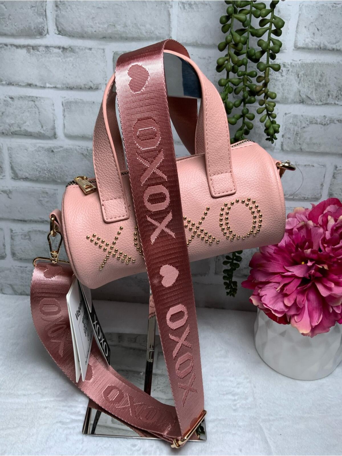 XOXO Pink Vegan Leather Mini Barrel Crossbody Bag with Brown Strap