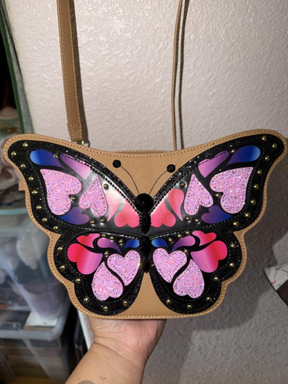 Betsey Johnson Tan Butterfly Crossbody Bag with Pink Heart Accents