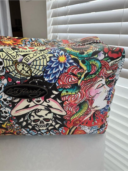 Ed Hardy Multicolor Tattoo Print Zipper Pouch Cosmetic Travel Bag