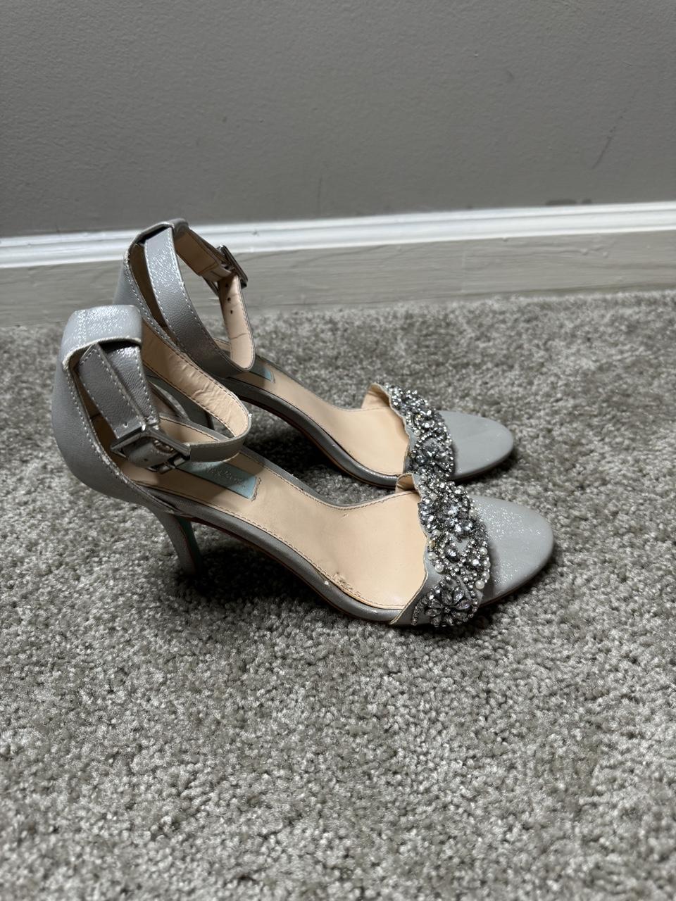 Betsey Johnson Silver Beaded Ankle Strap Heels - Size 8