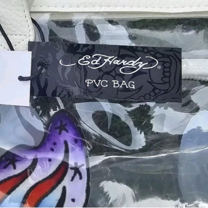 Ed Hardy Clear Butterfly Tote Bag PVC Cream Trim Stadium Bag NWT
