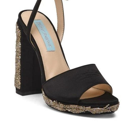 Betsey Johnson Black Beaded Block Heel Sandals, Size 8