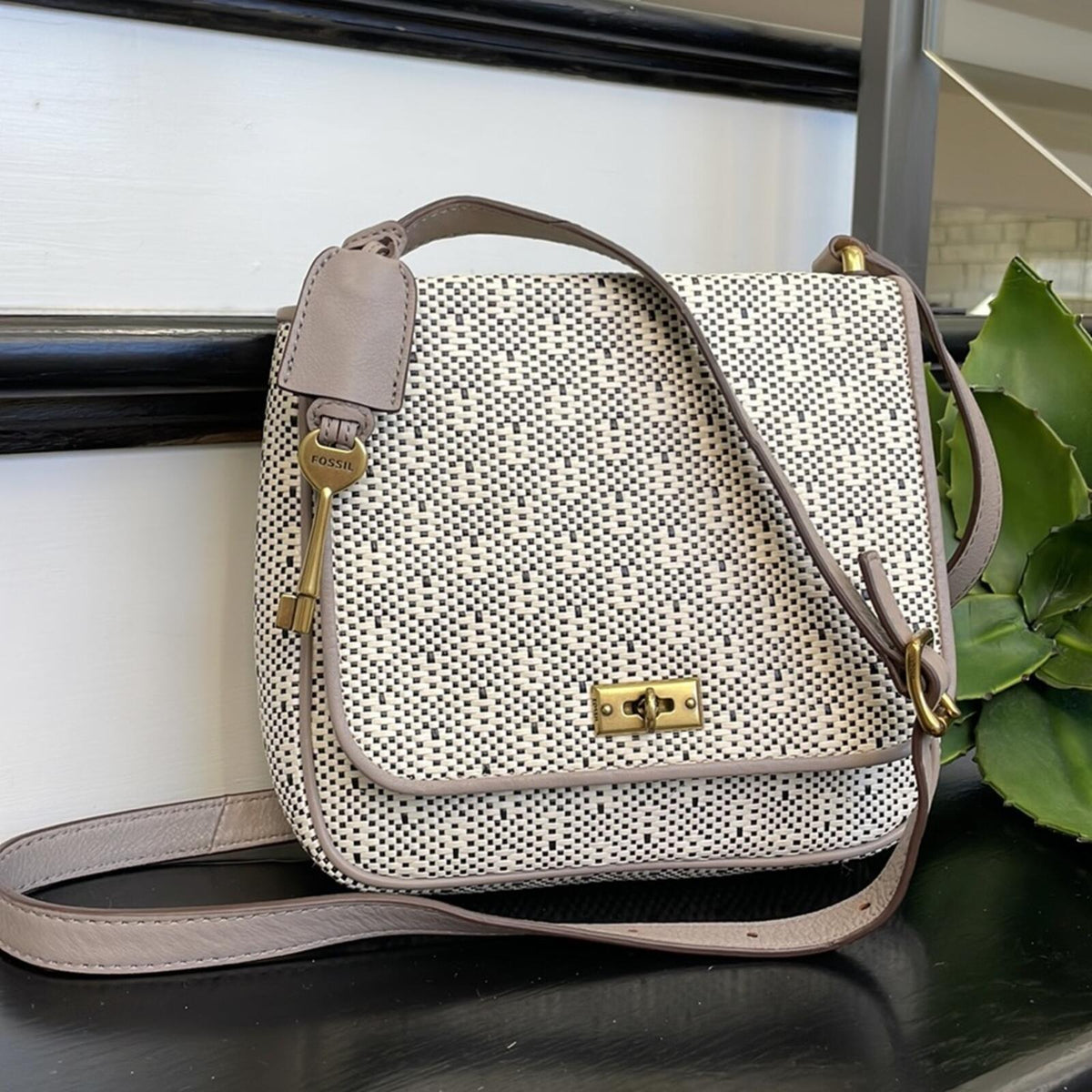 Fossil Canvas Leather Crossbody Satchel Key Charm Cream Tan
