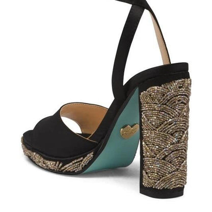 Betsey Johnson Black Beaded Block Heel Sandals, Size 8