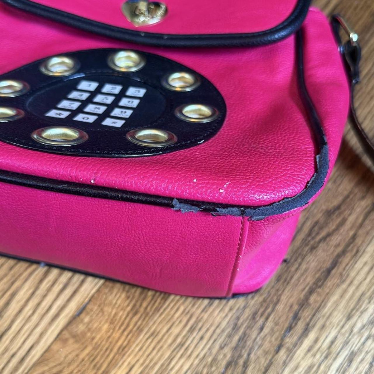 Betsey Johnson Vintage Pink Phone Purse with Black Strap - Y2K Style