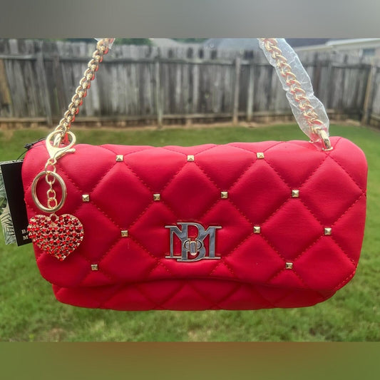 Badgley Mischka Red Quilted Crossbody Bag Gold Studs Chain Strap NWT