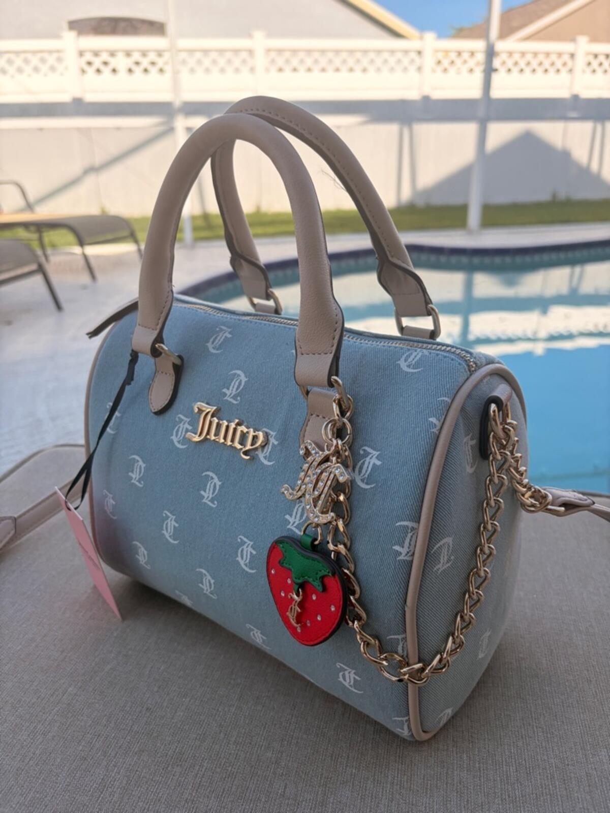 Juicy Couture Blue Monogram Satchel Handbag with Strawberry Charm