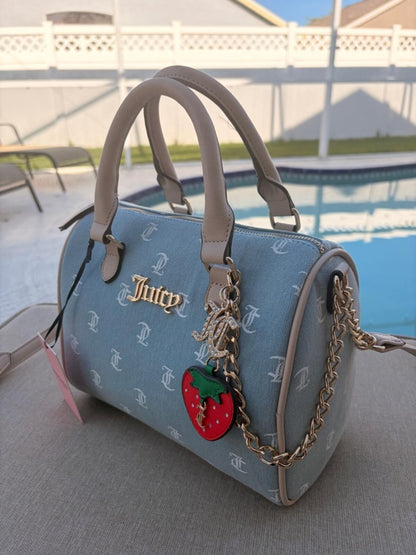 Juicy Couture Blue Monogram Satchel Handbag with Strawberry Charm