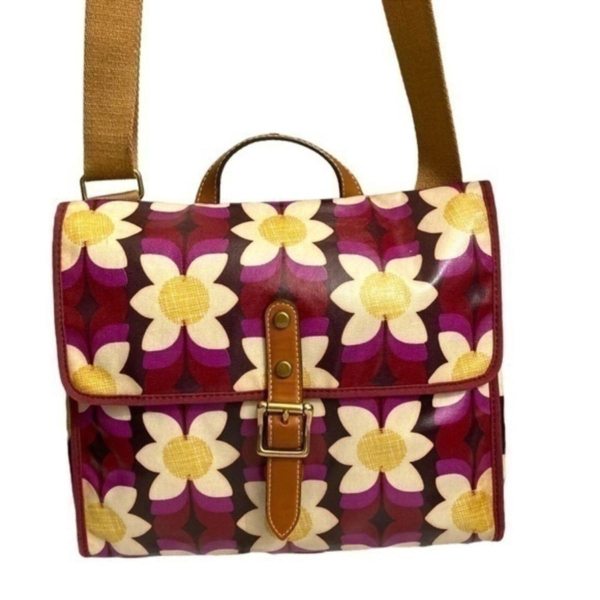 Fossil Key-Per Floral Canvas Crossbody Satchel Leather Trim Retro