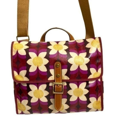 Fossil Key-Per Floral Canvas Crossbody Satchel Leather Trim Retro