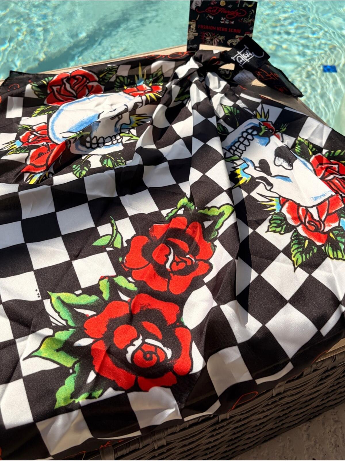 Ed Hardy Checkerboard Skull Rose Head Scarf NWT