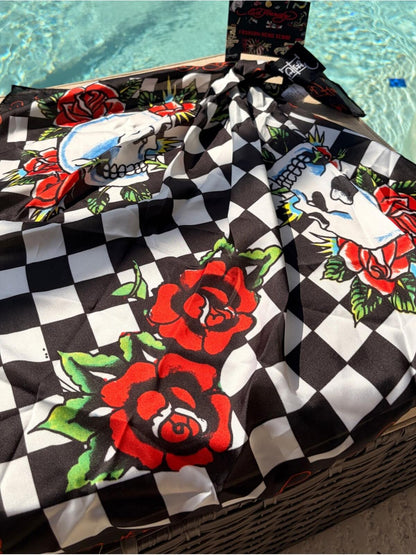 Ed Hardy Checkerboard Skull Rose Head Scarf NWT