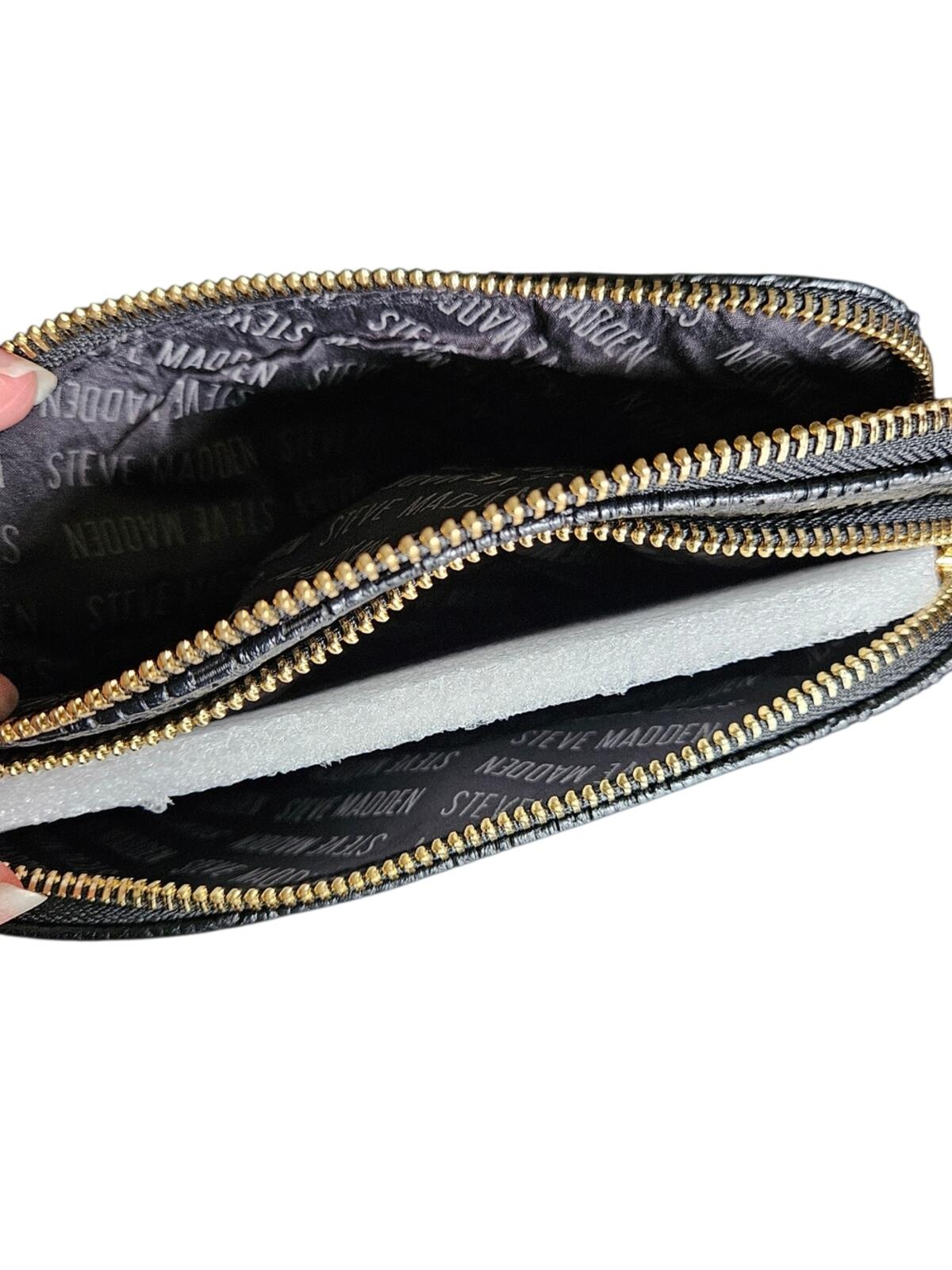 NWT Steve Madden Black Embossed Logo Wristlet Wallet Gold Hardware