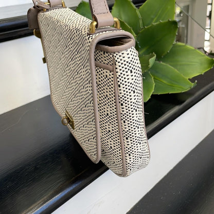 Fossil Canvas Leather Crossbody Satchel Key Charm Cream Tan