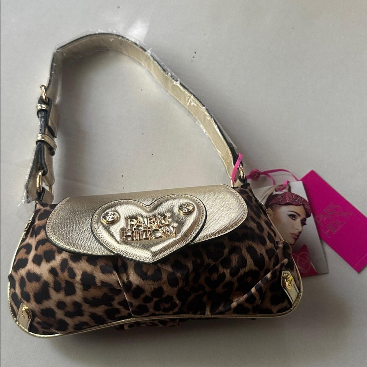 Paris Hilton New With Tags Leopard Print Gold Heart Baguette Shoulder Bag
