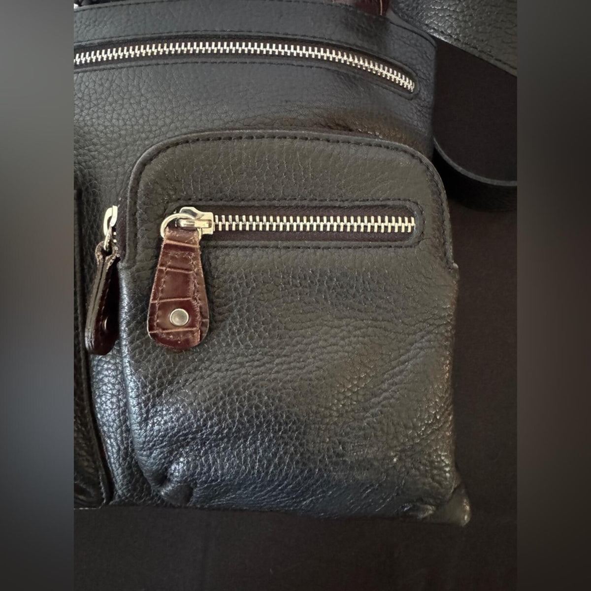 Brighton Large Black and Brown Leather Croc Embossed Crossbody Messenger Bag