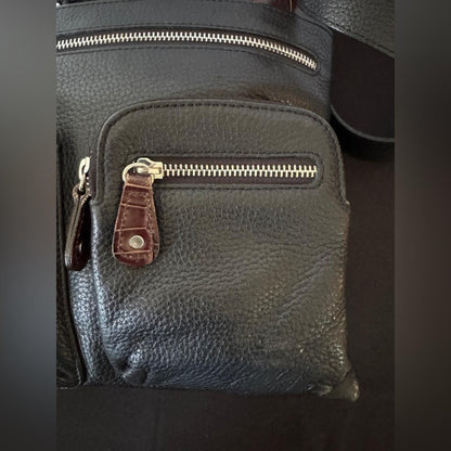 Brighton Large Black and Brown Leather Croc Embossed Crossbody Messenger Bag
