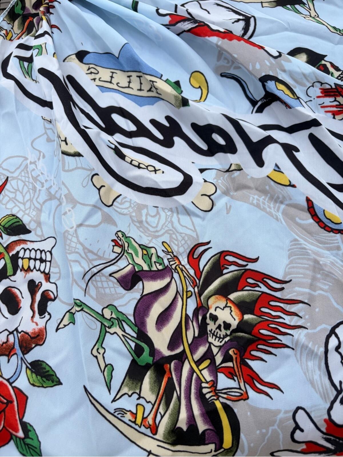 Ed Hardy Skull & Grim Reaper Graphic Scarf in Light Blue nwt